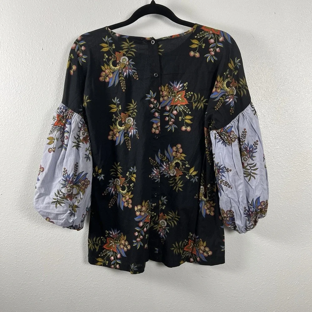 LOFT Womens Black Floral Cotton Puff Sleeve Button Back Blouse Top‎ Small
